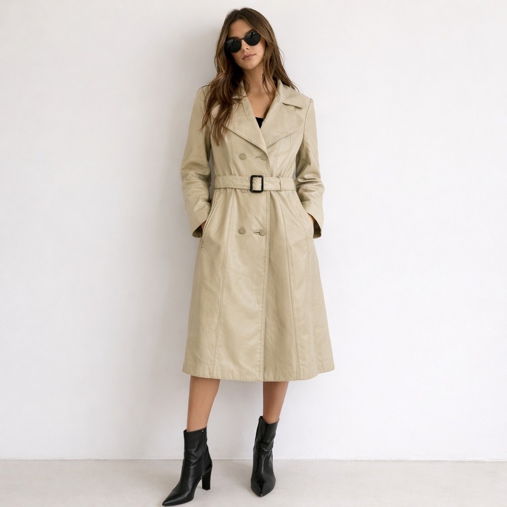 Minimalist Business Chic Vintage Leather Trench Coat Beige Belted Long Medium‎